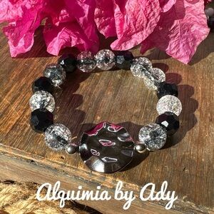 Black crackled Quartz and black tourmaline maxi chunky beaded bracelet